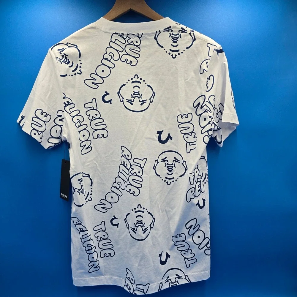 True Religion AOP Bubble Tee‎ Buddha Print White Navy Streetwear Small